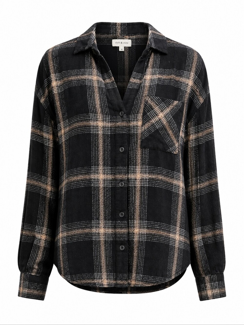 CLOTH & STONE | Cozy Soft Relaxed Black Tan Plaid Button Down Pocket Shirt | M